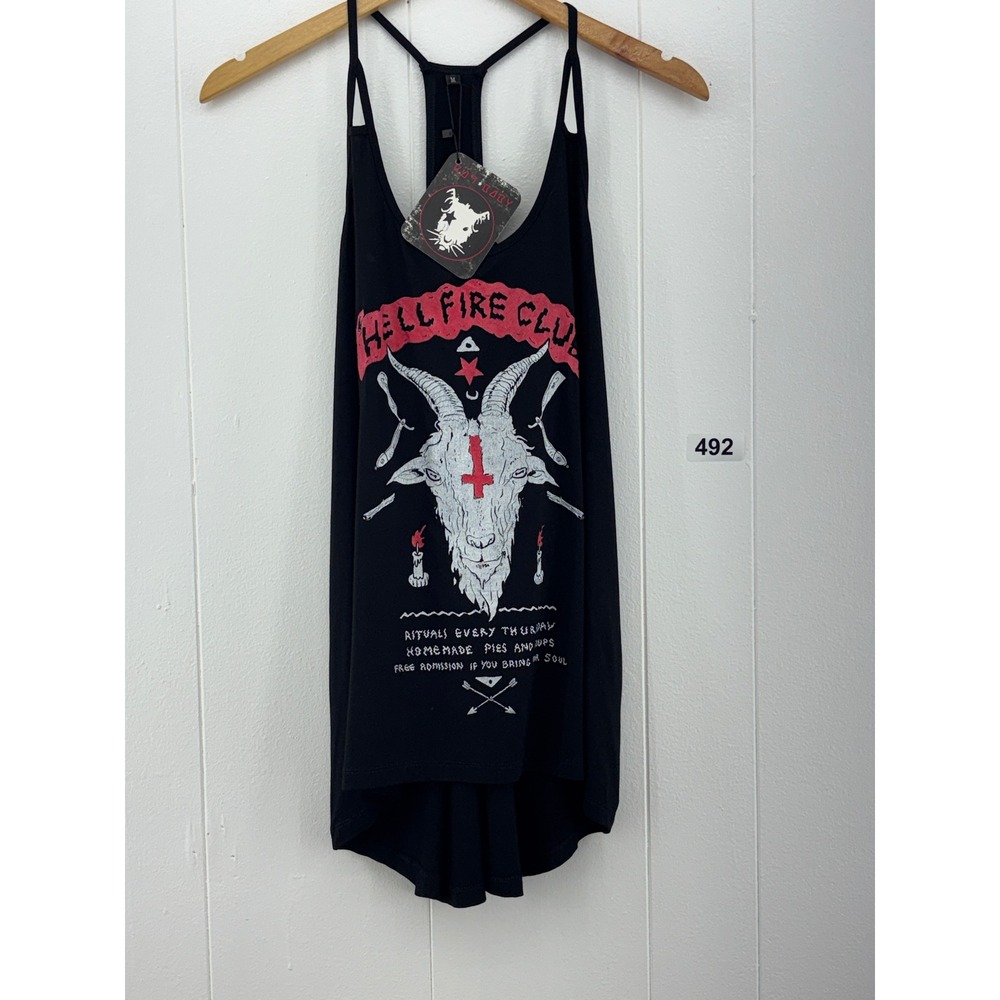 Rat Baby Hellfire Club Occult Goat Graphic Shredded Back Tank Top Black Medium